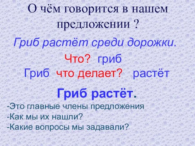 О чём говорится в нашем предложении ? Гриб растёт среди дорожки.