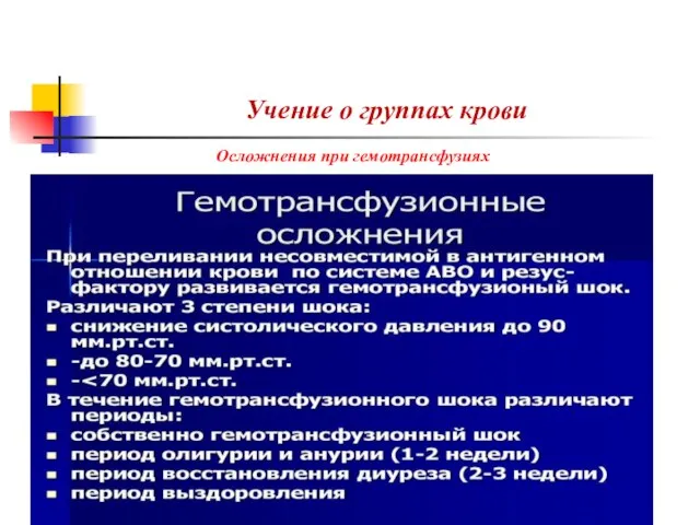 Учение о группах крови Осложнения при гемотрансфузиях