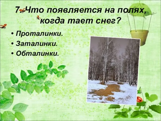 7. Что появляется на полях, когда тает снег? Проталинки. Заталинки. Обталинки.