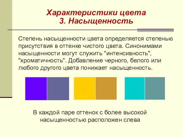 Характеристики цвета 3. Насыщенность Степень насыщенности цвета определяется степенью присутствия в