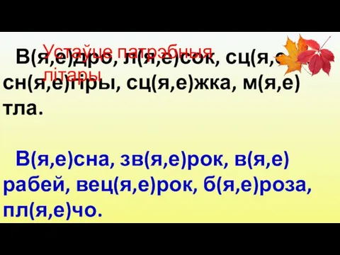 В(я,е)дро, л(я,е)сок, сц(я,е)ны, сн(я,е)гіры, сц(я,е)жка, м(я,е)тла. В(я,е)сна, зв(я,е)рок, в(я,е)рабей, вец(я,е)рок, б(я,е)роза, пл(я,е)чо. Устаўце патрэбныя літары