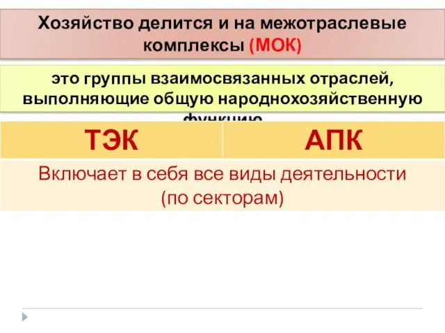 Хозяйство делится и на межотраслевые комплексы (МОК) это группы взаимосвязанных отраслей, выполняющие общую народнохозяйственную функцию