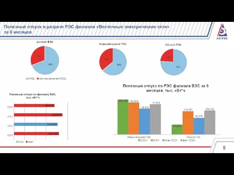 Полезный отпуск в разрезе РЭС филиала «Восточные электрические сети» за 6