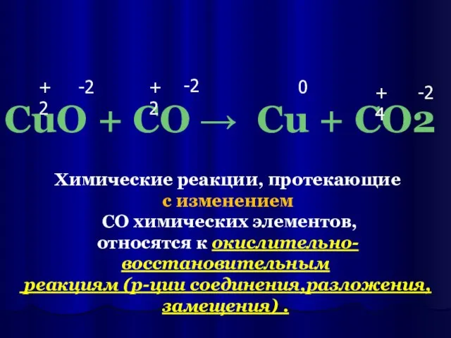 CuO + CO → Cu + CO2 +2 -2 +2 -2