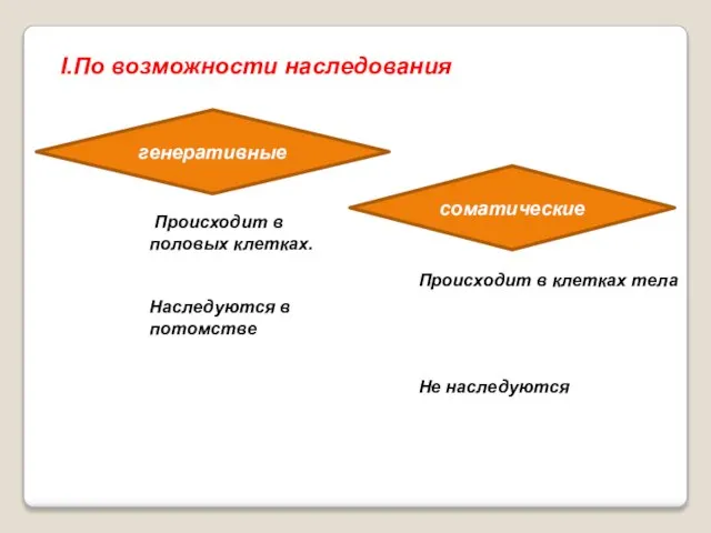 I.По возможности наследования генеративные соматические Происходит в половых клетках. Наследуются в