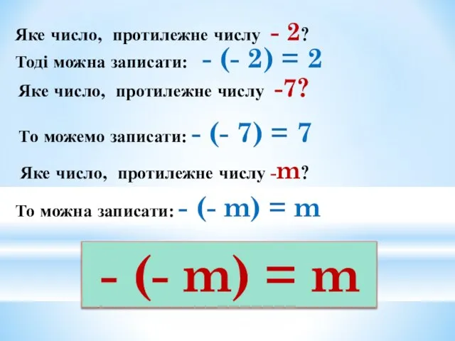 Тоді можна записати: - (- 2) = 2 Яке число, протилежне