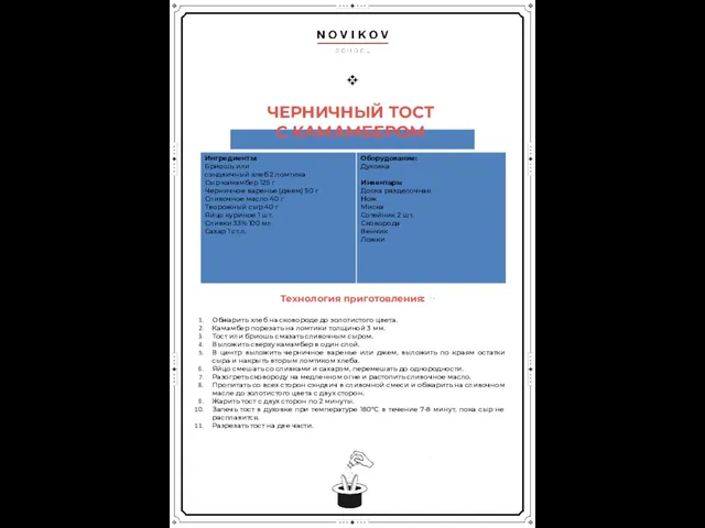 ЧЕРНИЧНЫЙ ТОСТ С КАМАМБЕРОМ Технология приготовления: Обжарить хлеб на сковороде до