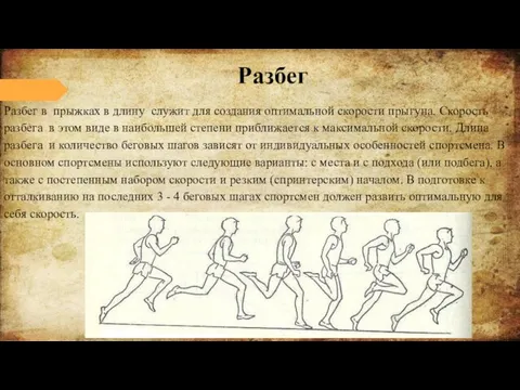 Разбег в прыжках в длину служит для создания оптимальной скорости прыгуна.