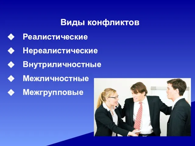 Виды конфликтов Реалистические Нереалистические Внутриличностные Межличностные Межгрупповые