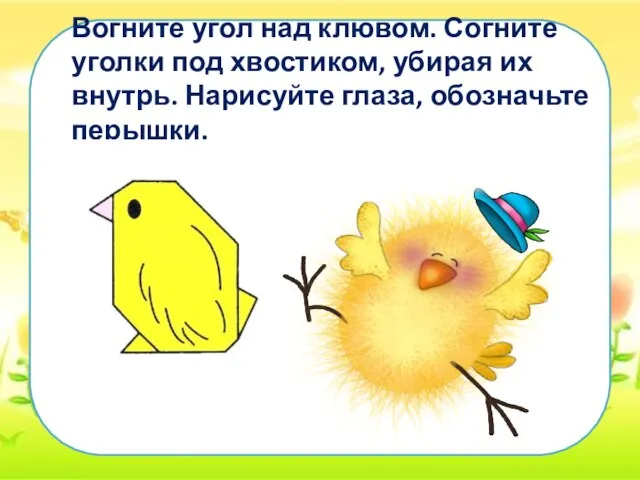 Вогните угол над клювом. Согните уголки под хвостиком, убирая их внутрь. Нарисуйте глаза, обозначьте перышки.