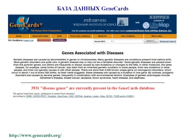 БАЗА ДАННЫХ GeneCards 3931 "disease genes" are currently present in the GeneCards database http://www.genecards.org/