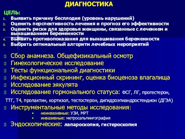 ДИАГНОСТИКА ЦЕЛЬ: Выявить причину бесплодия (уровень нарушений) Оценить перспективность лечения и