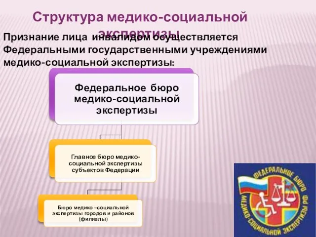 Структура медико-социальной экспертизы Признание лица инвалидом осуществляется Федеральными государственными учреждениями медико-социальной экспертизы: