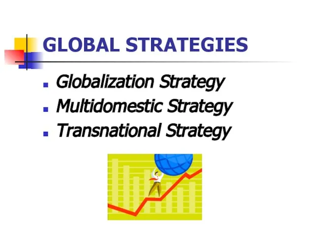 GLOBAL STRATEGIES Globalization Strategy Multidomestic Strategy Transnational Strategy