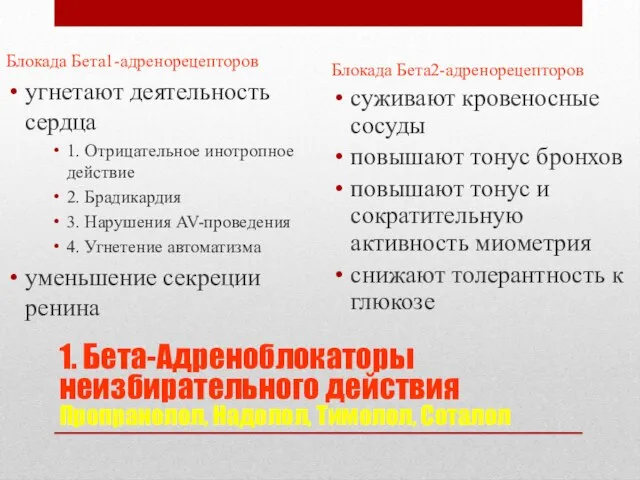 1. Бета-Адреноблокаторы неизбирательного действия Пропранолол, Надолол, Тимолол, Соталол Блокада Бета1-адренорецепторов угнетают