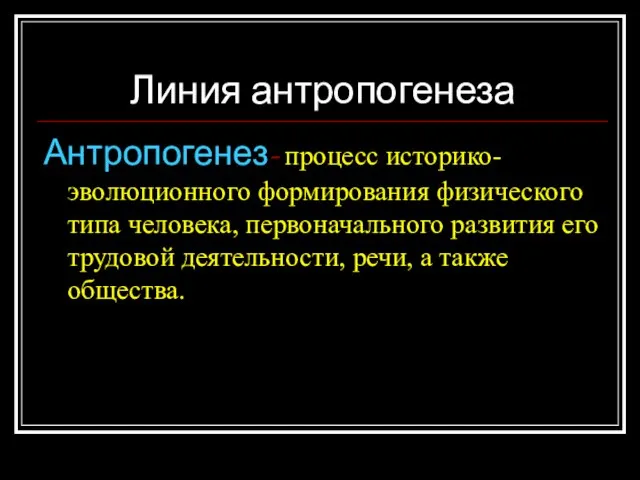 Линия антропогенеза Антропогенез- процесс историко-эволюционного формирования физического типа человека, первоначального развития