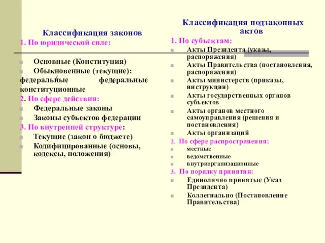 Классификация законов 1. По юридической силе: Основные (Конституция) Обыкновенные (текущие): федеральные