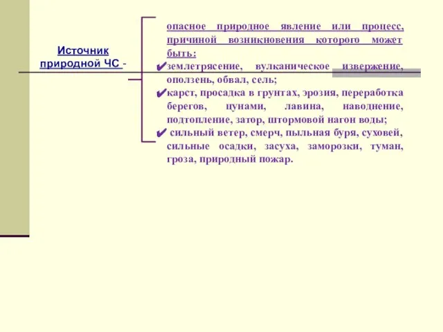 опасное природное явление или процесс, причиной возникновения которого может быть: землетрясение,