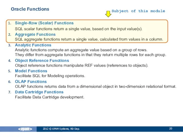 2012 © EPAM Systems, RD Dep. Oracle Functions Single-Row (Scalar) Functions