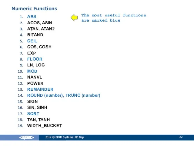 2012 © EPAM Systems, RD Dep. Numeric Functions ABS ACOS, ASIN