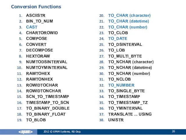 2012 © EPAM Systems, RD Dep. Conversion Functions ASCIISTR BIN_TO_NUM CAST