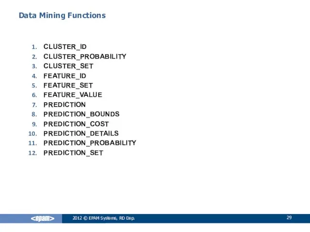 2012 © EPAM Systems, RD Dep. Data Mining Functions CLUSTER_ID CLUSTER_PROBABILITY