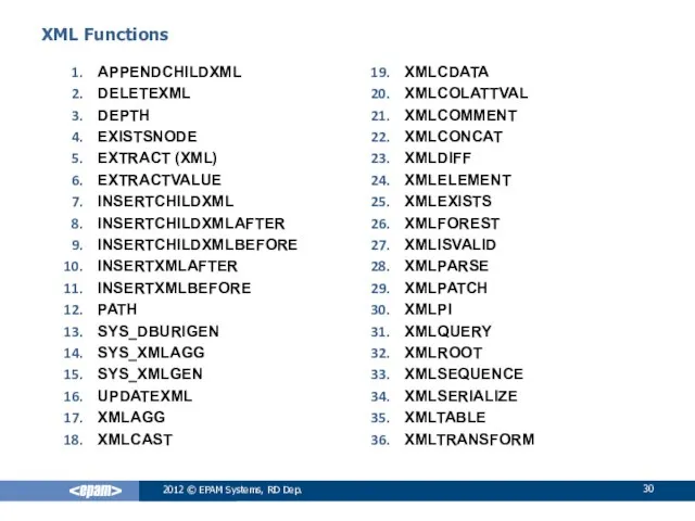 2012 © EPAM Systems, RD Dep. XML Functions APPENDCHILDXML DELETEXML DEPTH