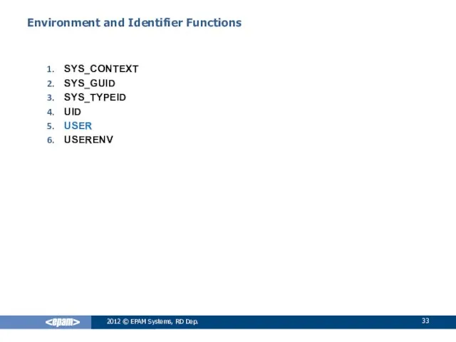 2012 © EPAM Systems, RD Dep. Environment and Identifier Functions SYS_CONTEXT SYS_GUID SYS_TYPEID UID USER USERENV