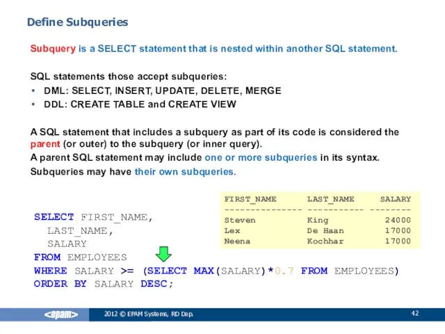 2012 © EPAM Systems, RD Dep. Define Subqueries Subquery is a