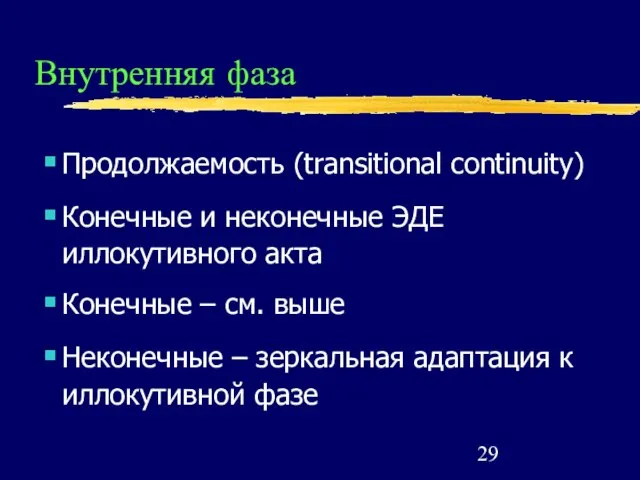 Внутренняя фаза Продолжаемость (transitional continuity) Конечные и неконечные ЭДЕ иллокутивного акта