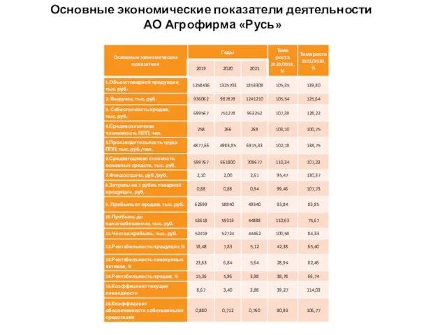 Основные экономические показатели деятельности АО Агрофирма «Русь»