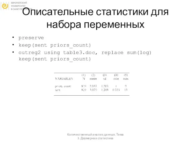 Описательные статистики для набора переменных Количественный анализ данных. Тема 3. Двумерная