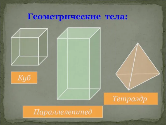 Геометрические тела: Куб Параллелепипед Тетраэдр.
