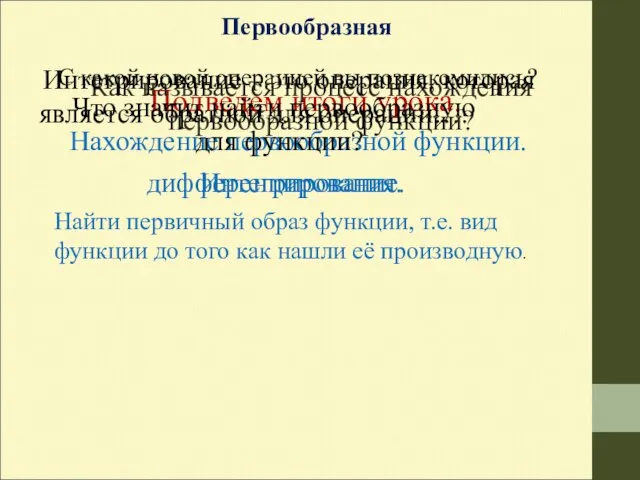 Первообразная С какой новой операцией вы познакомились? Подведем итоги урока. Нахождение