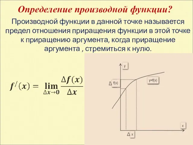 Определение производной функции? Производной функции в данной точке называется предел отношения