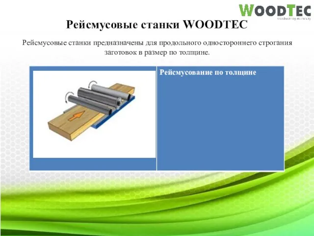 Рейсмусовые станки WOODTEC Рейсмусовые станки предназначены для продольного одностороннего строгания заготовок в размер по толщине.