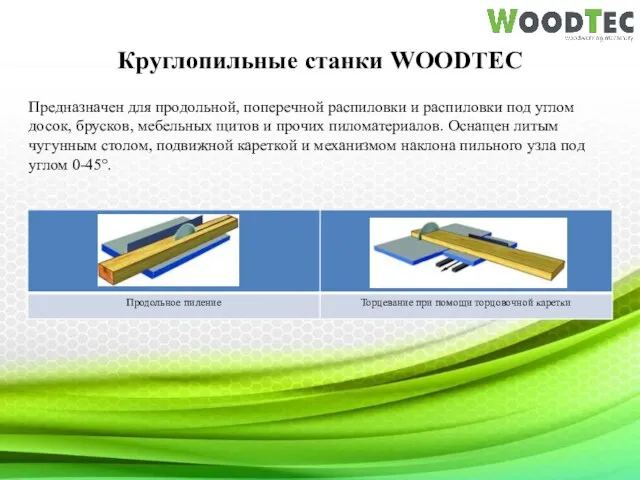 Круглопильные станки WOODTEC Предназначен для продольной, поперечной распиловки и распиловки под