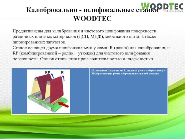 Калибровально - шлифовальные станки WOODTEC Предназначены для калибрования и чистового шлифования