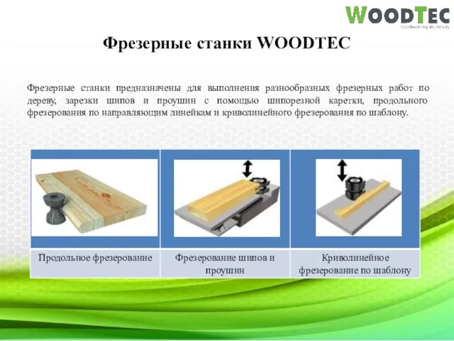 Фрезерные станки WOODTEC Фрезерные станки предназначены для выполнения разнообразных фрезерных работ
