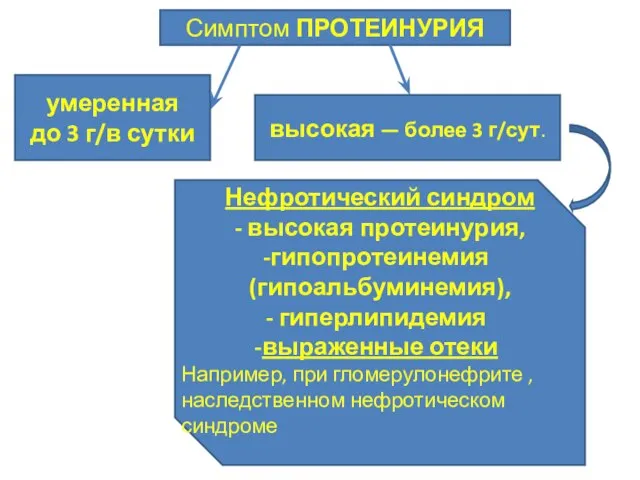 Симптом ПРОТЕИНУРИЯ умеренная до 3 г/в сутки высокая — более 3