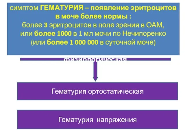 симптом ГЕМАТУРИЯ – появление эритроцитов в моче более нормы : более