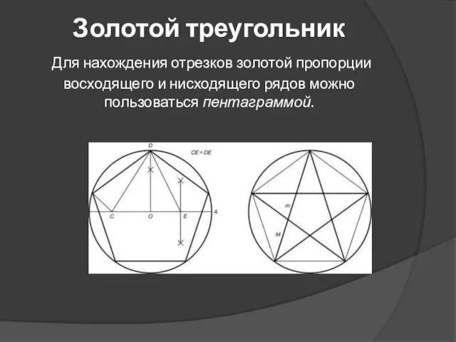 Золотой треугольник Для нахождения отрезков золотой пропорции восходящего и нисходящего рядов можно пользоваться пентаграммой.