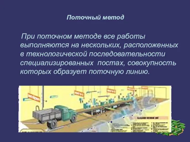 Поточный метод При поточном методе все работы выполняются на нескольких, расположенных