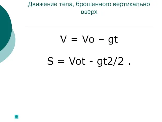 Движение тела, брошенного вертикально вверх V = Vо – gt S = Vоt - gt2/2 .
