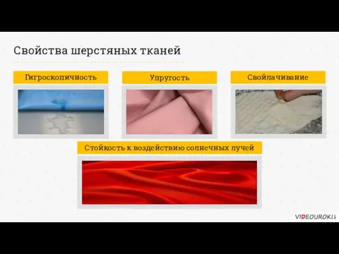 Свойства шерстяных тканей Гигроскопичность Упругость Стойкость к воздействию солнечных лучей Свойлачивание