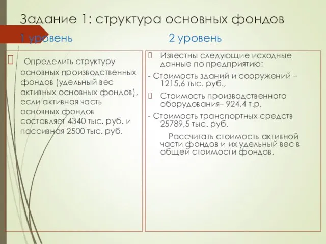 Задание 1: структура основных фондов 1 уровень Определить структуру основных производственных