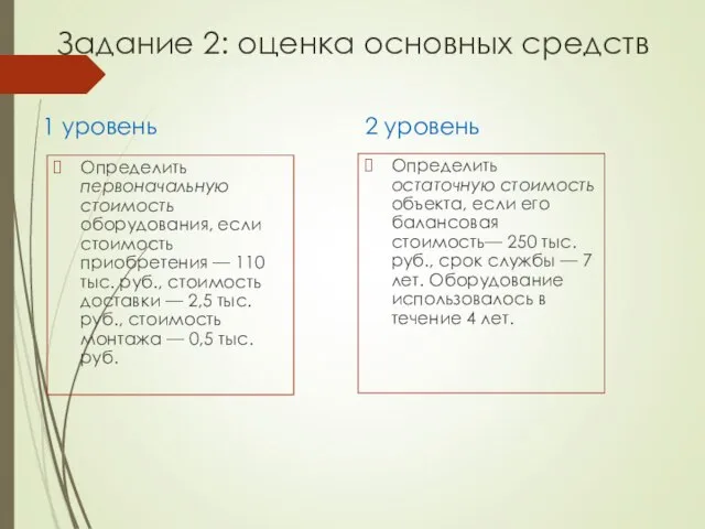 Задание 2: оценка основных средств 1 уровень Определить первоначальную стоимость оборудования,