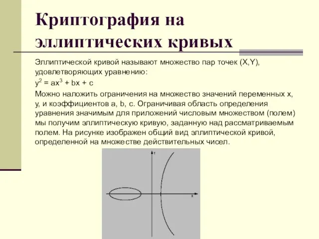 Криптография на эллиптических кривых Эллиптической кривой называют множество пар точек (X,Y),