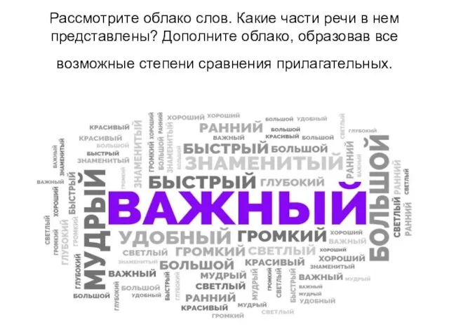 Рассмотрите облако слов. Какие части речи в нем представлены? Дополните облако,