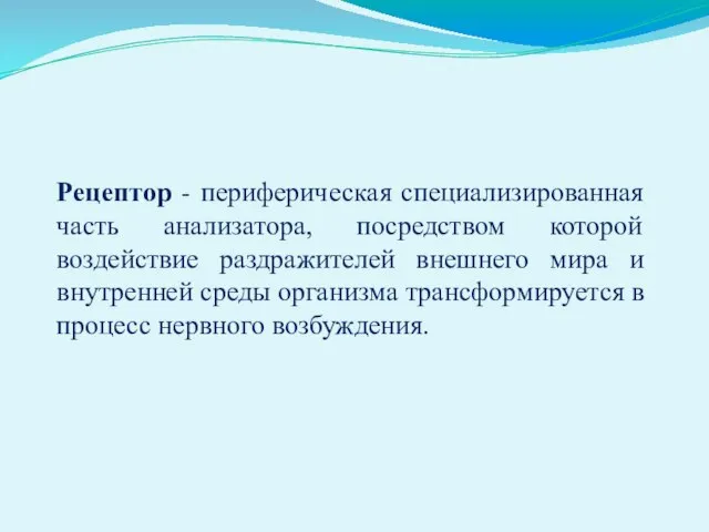 Рецептор - периферическая специализированная часть анализатора, посредством которой воздействие раздражителей внешнего